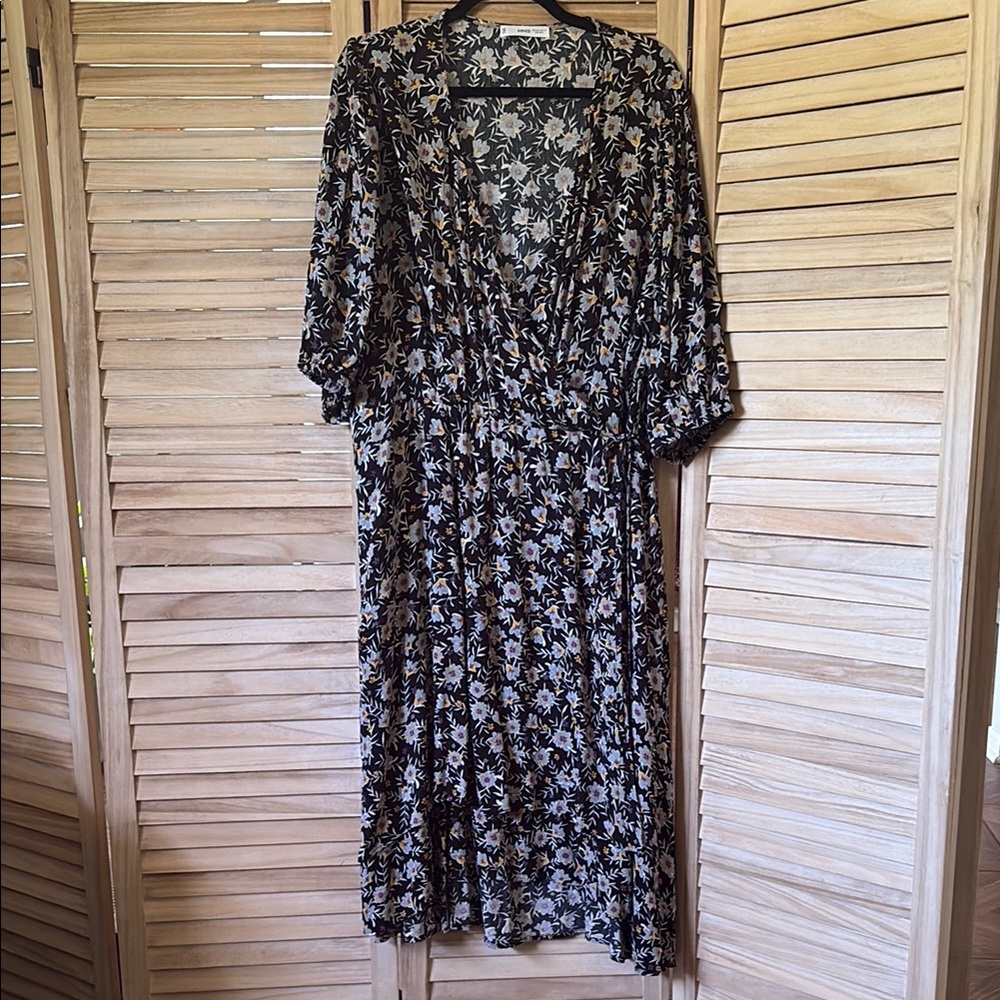 Floral Black Floral Faux Wrap Women's Dress